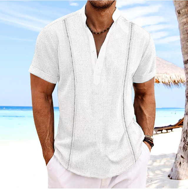 Camisa de lino y algodón para hombre con cuello mao playa_voghion.com