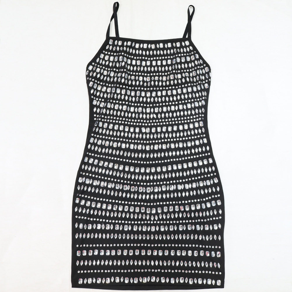 Women Clothing Sexy Sling Hip Backless Rhinestone Short Dress