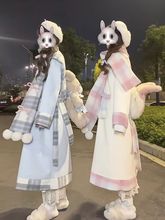 奶油可可 秋冬可爱蝴蝶结格子甜美少女围巾+毛呢连衣裙外套两件套