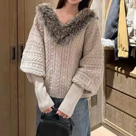慵懒韩系毛领麻花毛衣女秋冬2025新款休闲宽松蝙蝠袖针织减龄上衣