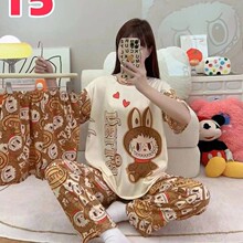 跨境睡衣女单面牛奶丝三件套卡通外贸家居服短袖长裤可爱爆款