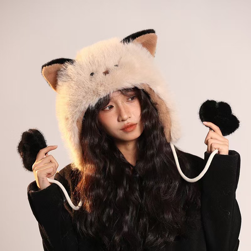 新款日系可爱卡通猫咪耳朵毛绒雷锋帽子女冬季骑行保暖加厚护耳潮|undefined