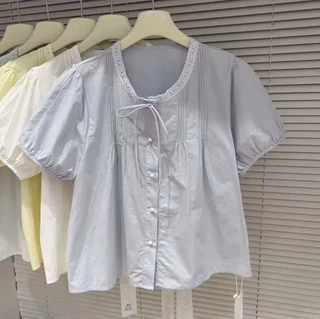 春夏新款韩版时尚蕾丝日常系带短袖衬衫女宽松显瘦小衫上衣休闲款