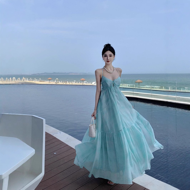 French-Style Mint Green Halter Neck Strap Dress for Women, Summer Sanya Seaside Vacation Backless Long Dress French-Style Mint Green Halter Neck Strap Dress for Women, Summer Sanya Seaside Vacation Backless Long Dress
