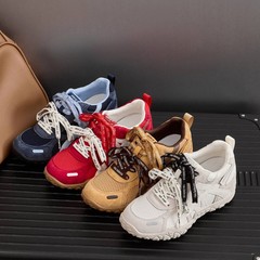 复古内增高撞色拼接厚底德训鞋女2025新款网面透气休闲运动阿甘鞋