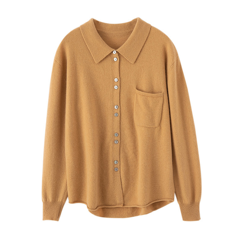 Autumn and Winter New Cashmere Women's Knitted Shirt POLO Collar Long Sleeve Button Pocket Loose Casual Wool Cardigan
