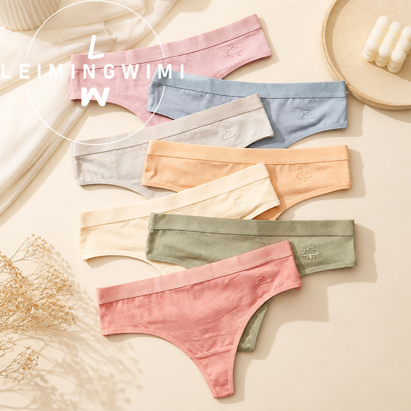 Cross-border Morandi Cloud Embroidery Pure Cotton Thong, Wide Waist, Comfortable Low Waist T-Pants, European and American Casual Apparel Cross-border Morandi Cloud Embroidery Pure Cotton Thong, Wide Waist, Comfortable Low Waist T-Pants, European and American Casual Apparel