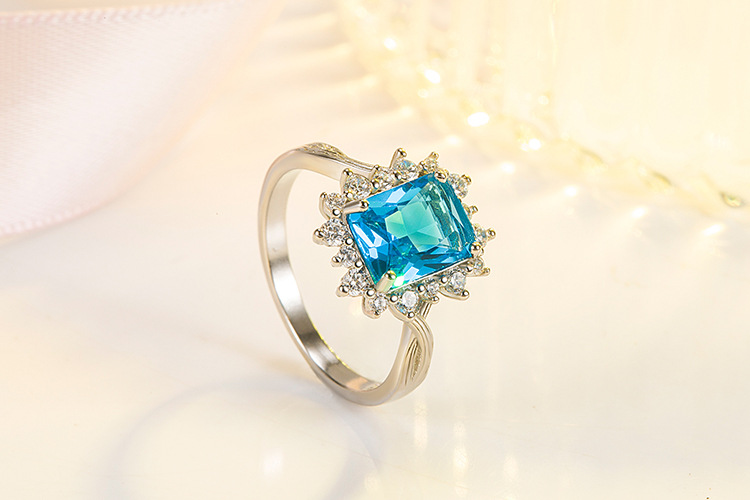 Bague En Cristal Bleu Avec Diamants Incrustés De Bijoux De Mode En Zircon Bleu Brossé display picture 4