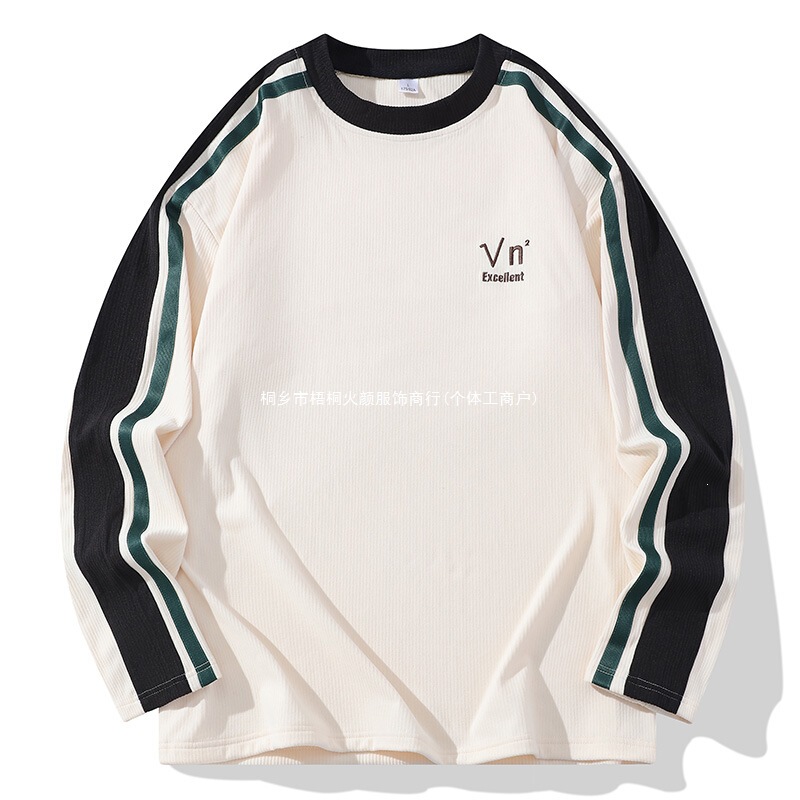 Japanese-style white base, popular online, new spring and autumn men's sweatshirt, casual and versatile, long-sleeved T-shirt with a round neck for young people