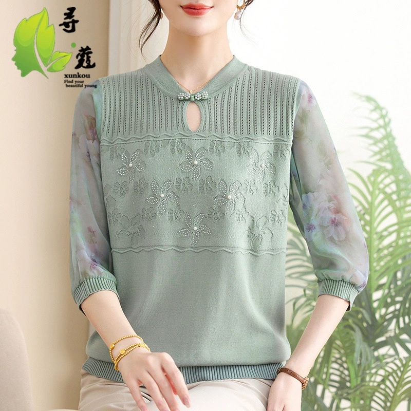 Летняя женская одежда среднего и пожилого возраста вязаные свитера женского пола среднего возраста мама топ модная повседневная китайская одежда с рукавами