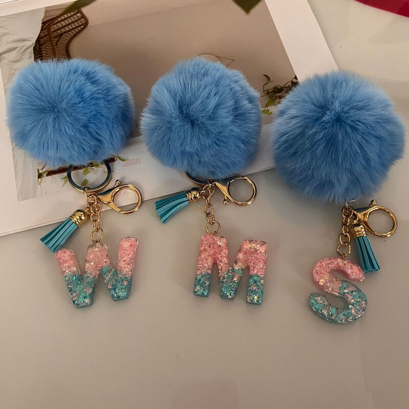 New cross-border e-commerce Amazon for blue letters fur ball pendant letters key chain factory outlet