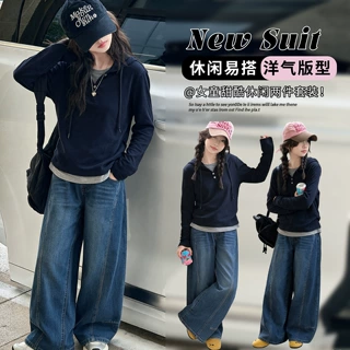 秋季中大女童套装新童装儿童女孩长袖T恤打底衫上衣牛仔裤两件套