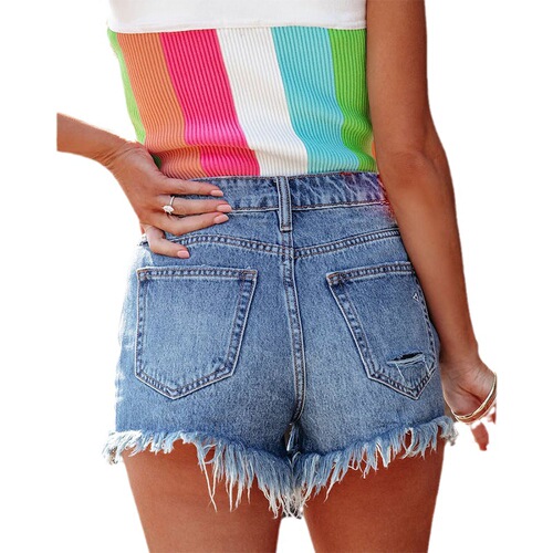Women's Summer European and American New Denim Short Pants with Holes and Fringes Fashion Casual