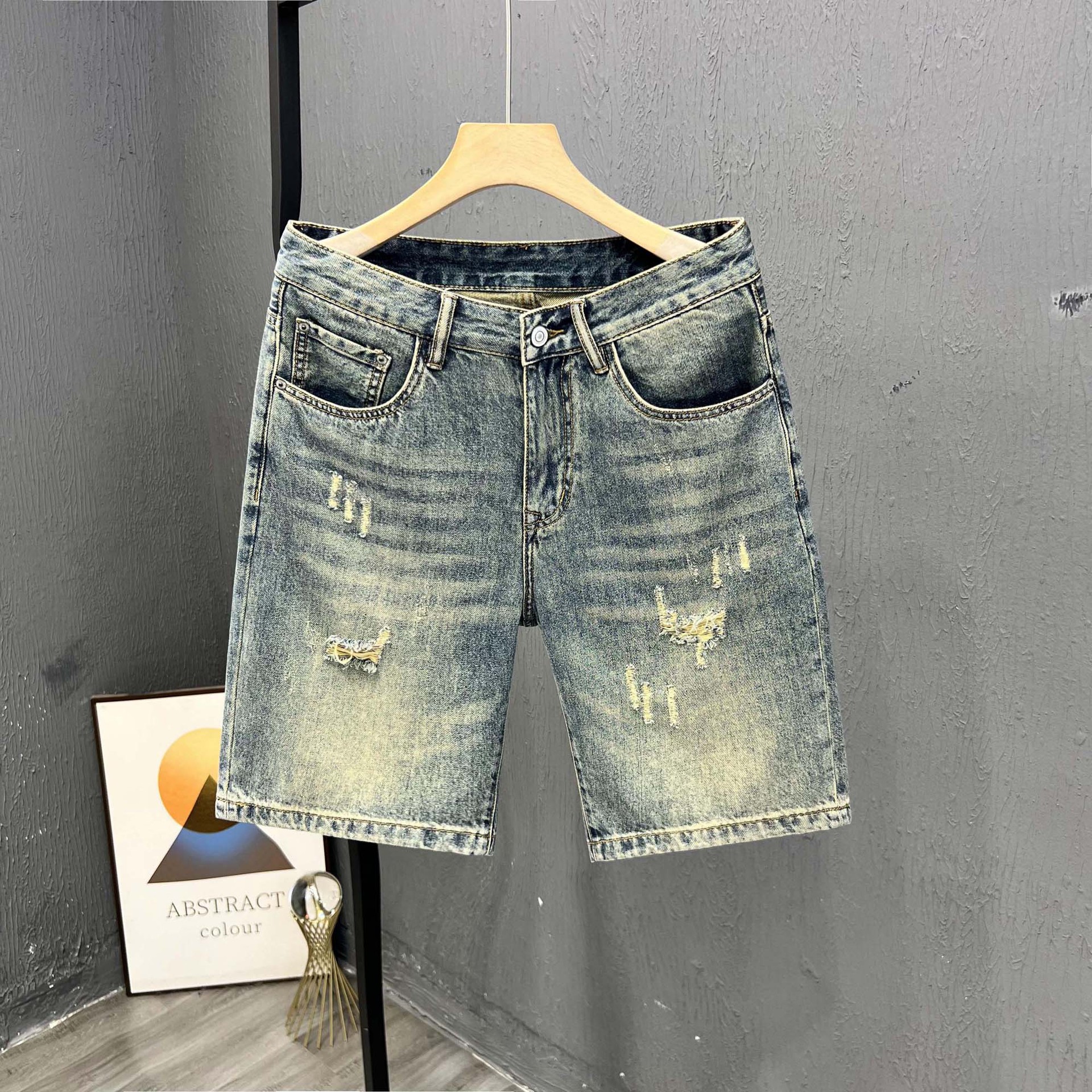 Men's Lightweight Distressed Denim Shorts Trendy High End Printed Patchwork Mid-Length Stretch Five-Point Pants Summer_mkmklike.com