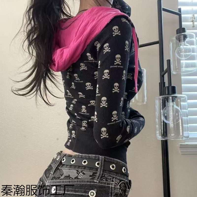 Early Spring Black Skull Print Sweatshirt Jacket for Women Autumn and Winter American Sweet Hottie Slimming Top Autumn Early Spring Black Skull Print Sweatshirt Jacket for Women Autumn and Winter American Sweet Hottie Slimming Top Autumn