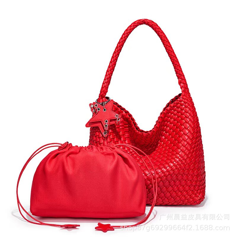 Champagne-Colored Woven Tote Bag, Large Capacity Underarm Shoulder Bag, Handbag, Bucket Bag for Women
