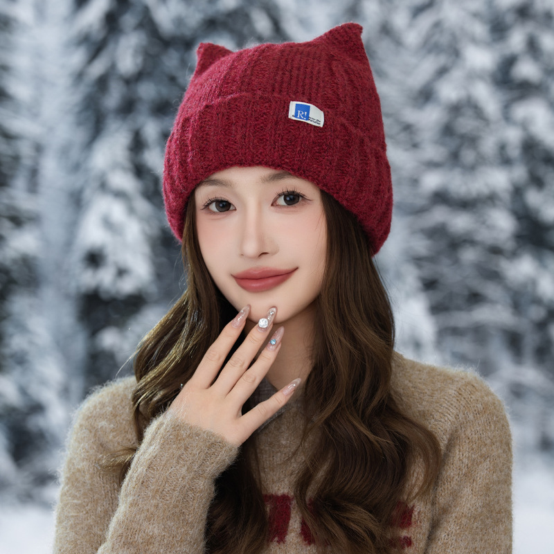 帽子冬季女款加厚保暖针织帽时尚纯色毛线帽可爱猫耳护耳套头帽潮|undefined