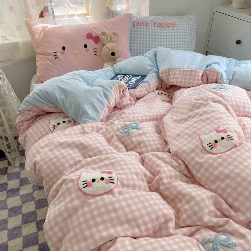 かわいいハローキティベッド4点セット ウォッシュドコットン掛け布団カバーシーツ 学生寮3点セット 0.9ベッド|undefined