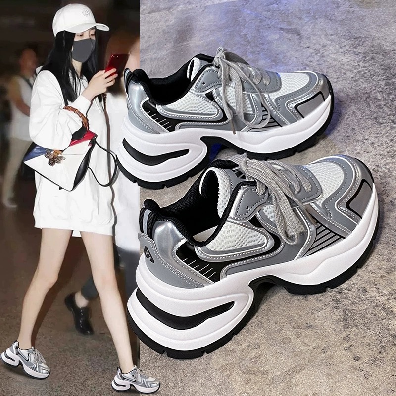 銀色老爹鞋子女2025春季新款百搭網面透氣厚底增高休閒運動鞋