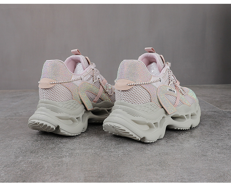 Giày sneaker nữ chunky đế dày da phối đá mesh thoáng khí — màu hồng chi tiết 12