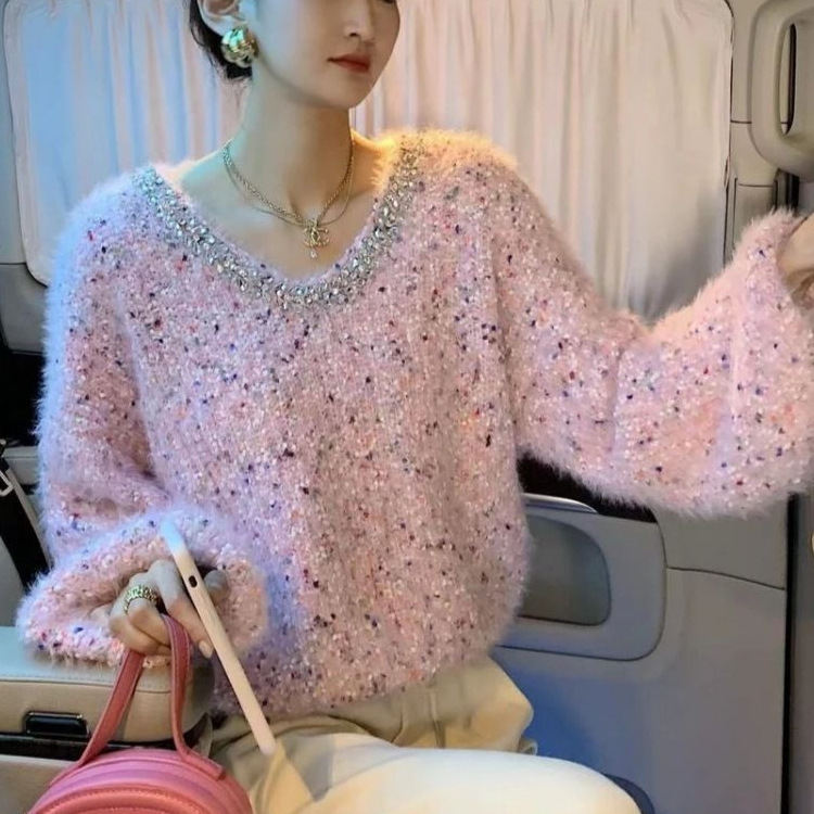 韩版钉珠彩色波点拼接软糯毛衣女秋冬新款慵懒风时尚气质长袖上衣|undefined