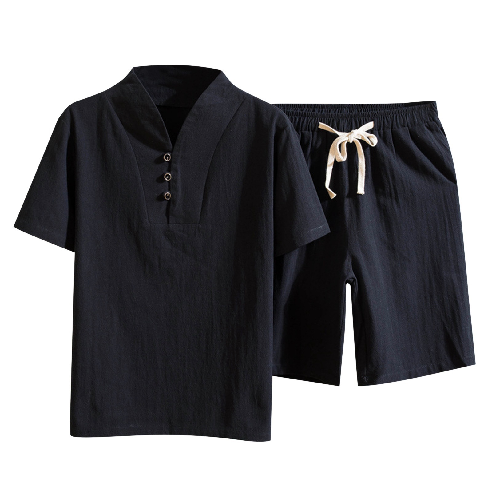 2025 Cross-Border New Men's Short-Sleeved Shorts Suit Summer Cotton and Linen Solid Color Men's T-Shirt Two-Piece Set Manufacturer