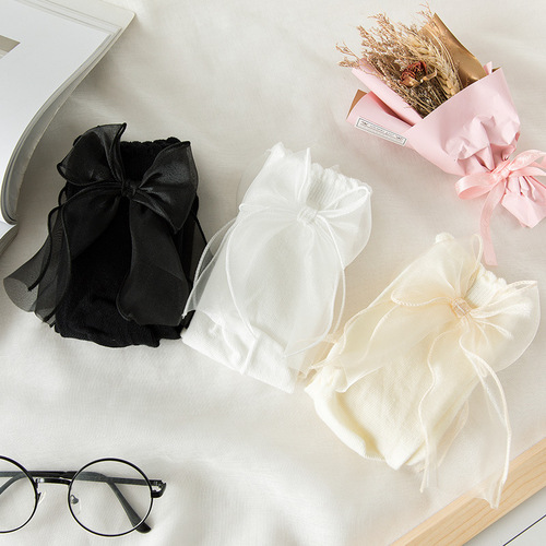 White socks female Lolita cute soft girl satin lace mid-calf long socks Lolita uniform JK bow