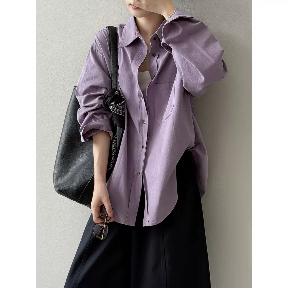 言双 多巴胺纯棉简约衬衫女 秋季韩版宽松百搭气质叠穿衬衣82599
