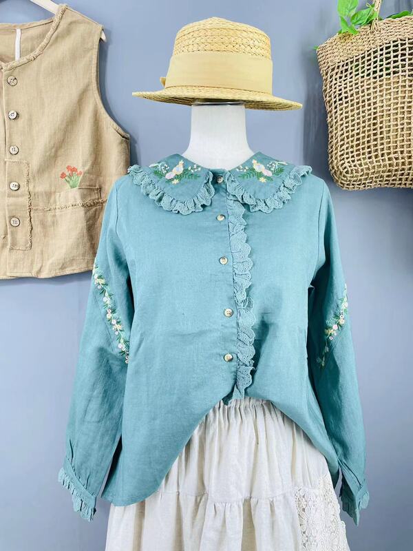 Japanese-Style Mori Girl Cotton-Linen Long-Sleeve Loose Doll Collar Shirt, Melard Mixed Style, College Style Embroidered Shirt Japanese-Style Mori Girl Cotton-Linen Long-Sleeve Loose Doll Collar Shirt, Melard Mixed Style, College Style Embroidered Shirt