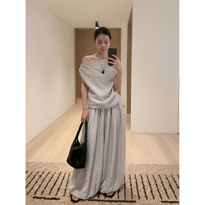 Tg Mature and Elegant Style One-Shoulder Top + Lantern Wide-Leg Pants Two-Piece Set for Women 2026 Summer New Model 26630