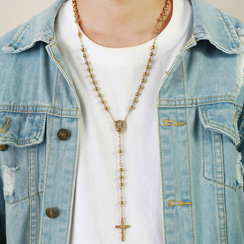 Small jewelry wholesale titanium steel gold cross pendant long necklace bead chain sweater chain NC-057