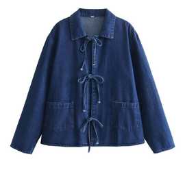 欧美批发2024新款女装翻领蝴蝶结饰长袖口袋水洗牛仔衬衫K6-695