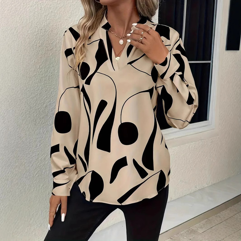 Spot Amazon European and American Cross-Border Wish Export Women's Clothing Printed Notch Collar Shirt Casual Long-Sleeved Shirt Top Spot Amazon European and American Cross-Border Wish Export Women's Clothing Printed Notch Collar Shirt Casual Long-Sleeved Shirt Top