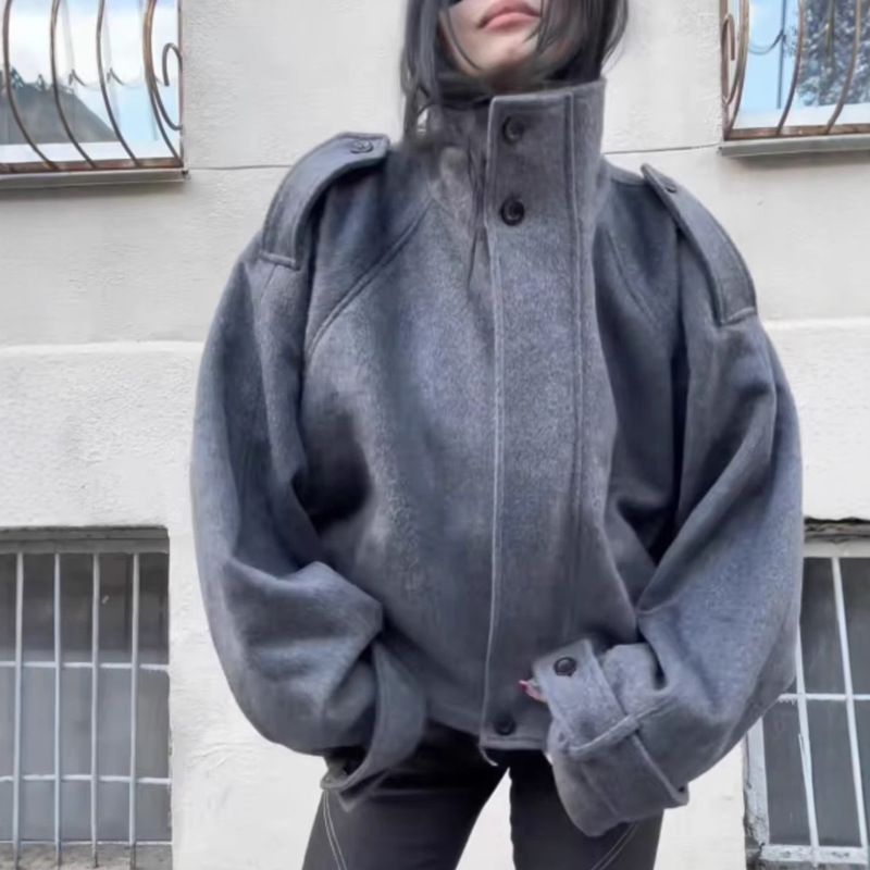 Amazon Cross-Border Jacket Stand Collar European and American Double-Sided Casual Woolen Loose Women's Clothing Cross-Border Aliexpress Black Amazon Cross-Border Jacket Stand Collar European and American Double-Sided Casual Woolen Loose Women's Clothing Cross-Border Aliexpress Black