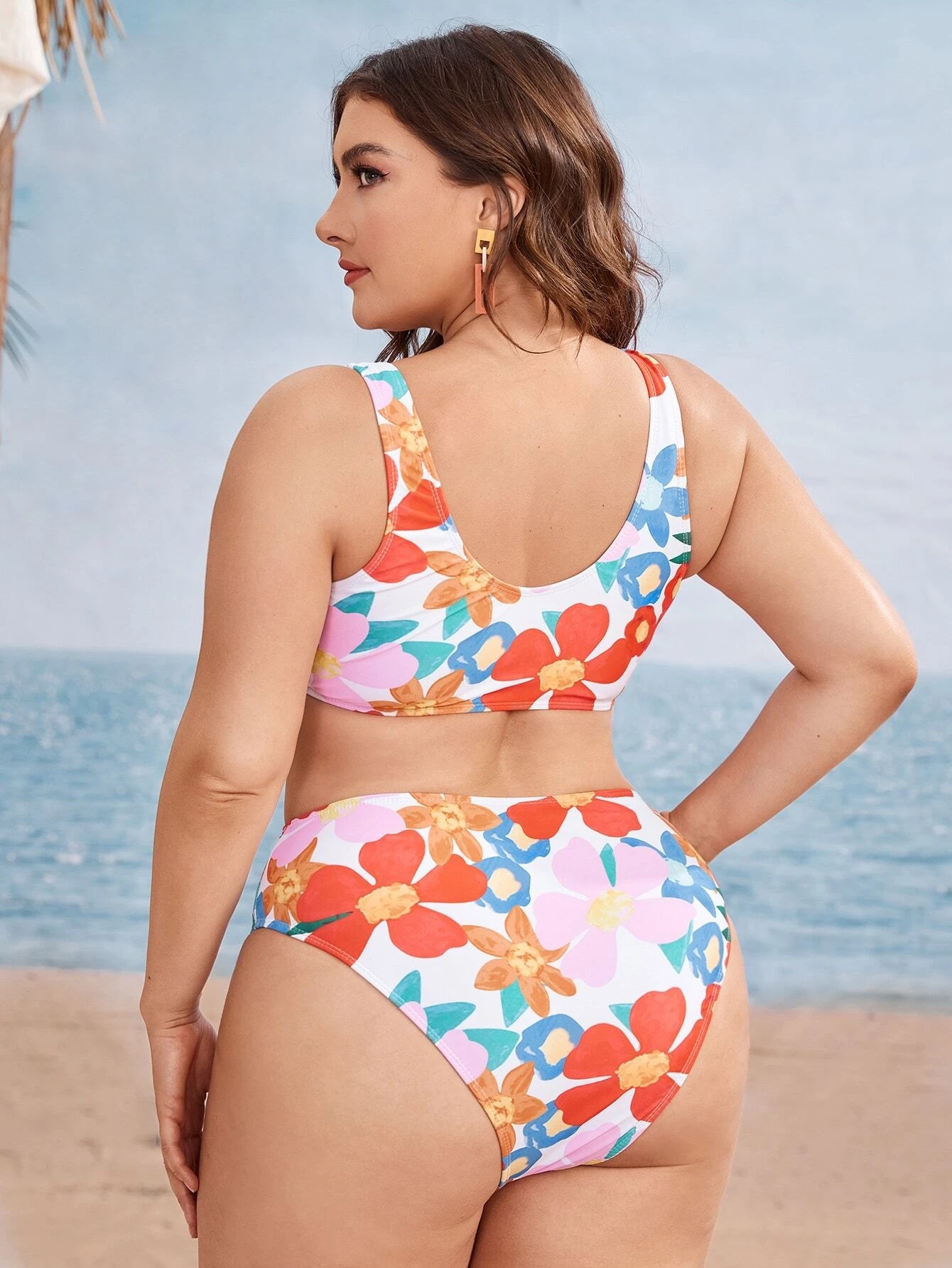 plus size lace-up high waist wrap chest sling floral bikini two-piece set NSVNS133977