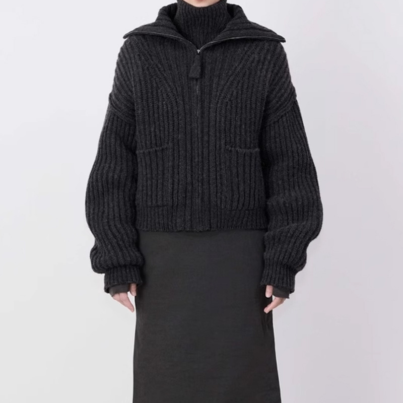 Autumn High-end Thickened Women's Loose Knitwear Top Dark Curry POLO Collar Zipper Cardigan Sweater Jacket