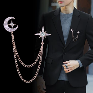 Korean Style Moon Star Brooch Couple Accessories with Full Diamond Chain Tassel Chest Flower Star for Men's Suit Lapel Pin