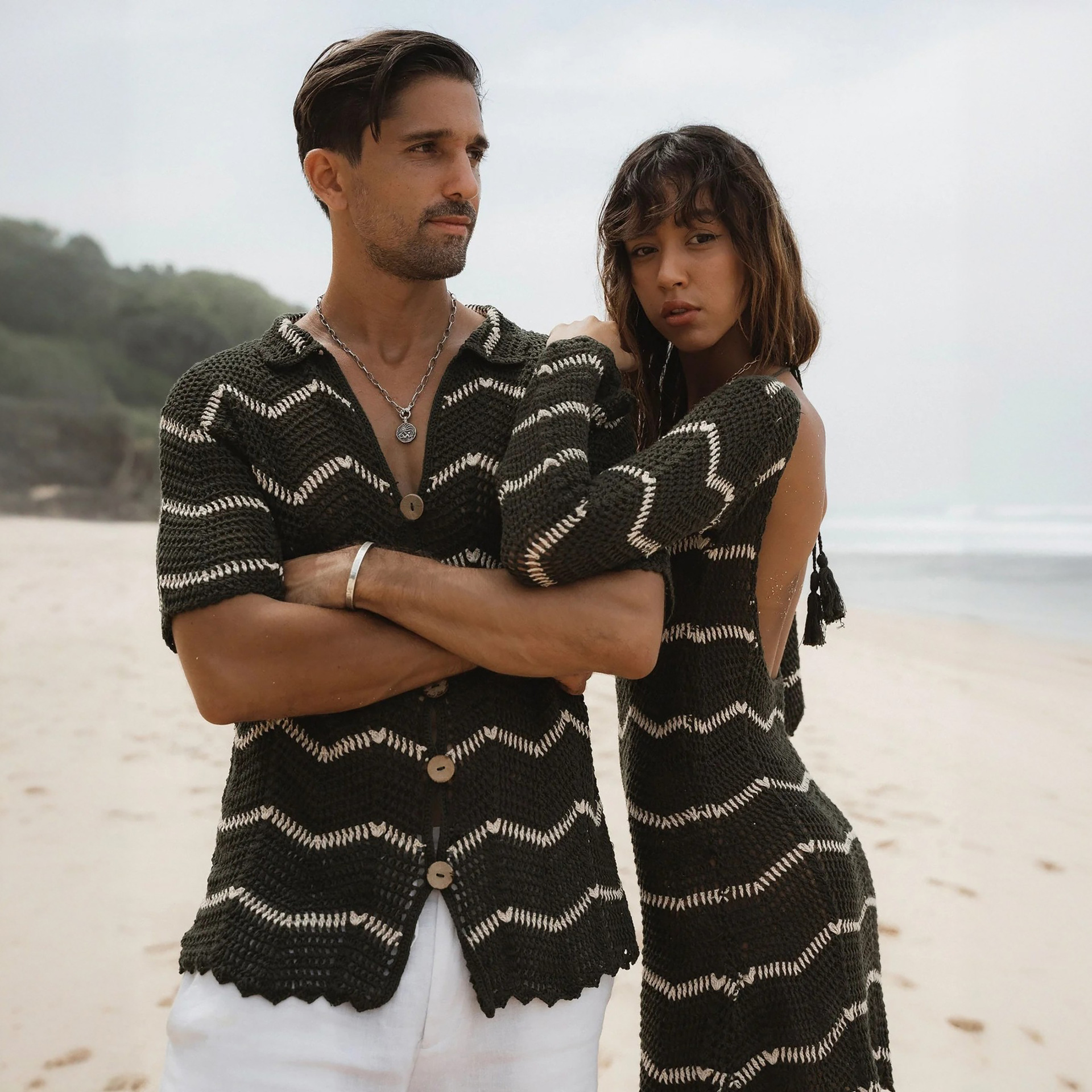 2025 Cross-border New Leisure European and American Beach Couple's Striped Knitted Beach Blouse Sunscreen Clothing for Men and Women