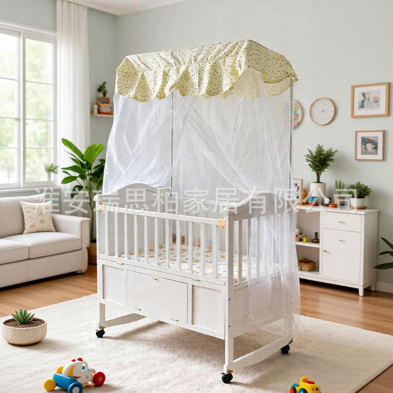 Baby Cradle Bed with Storage, Multifunctional Solid Wood Crib with Mosquito Net, Movable and Convertible into a Large Bed for Teenagers