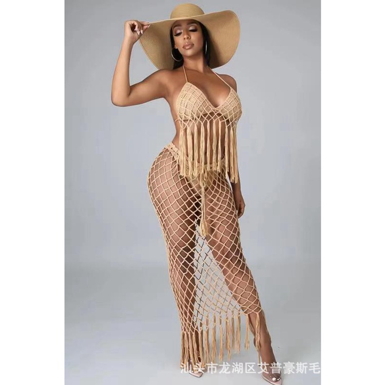 跨境性感纯手钩镂空三件套分体式泳装流苏上衣比基尼套装大尺码|ms