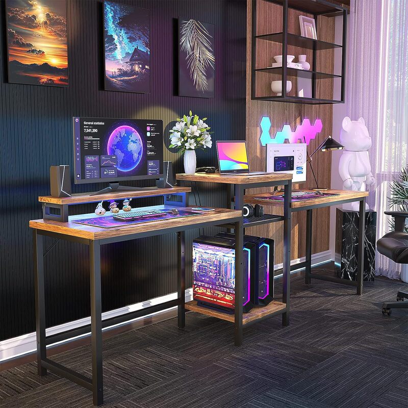 Cross-border Popular American Country Computer Desk with LED Light Socket with Monitor Stand Computer Corner Table Desk