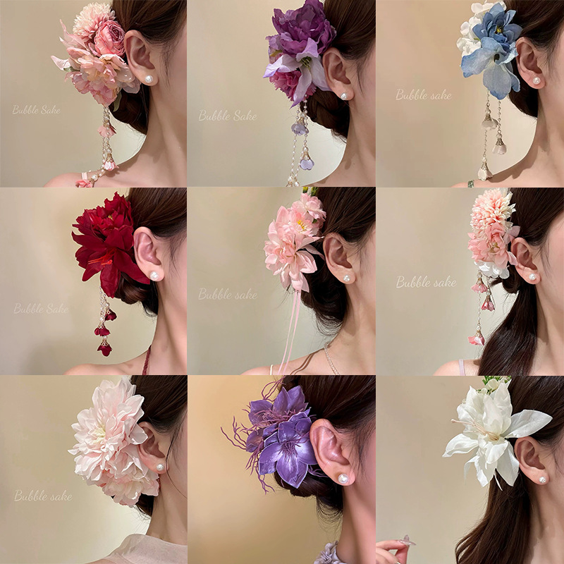 Super Fairy-Like Artificial Flower Tassel Hairpin for Women, Holiday Style Accessory, Hanfu Cheongsam Side Clip, Atmospheric Hair Ornament
