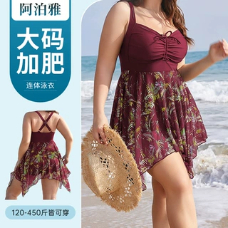新款欧美吊带大码泳衣200斤温泉加大加肥遮肉显瘦肥婆连体裙泳装