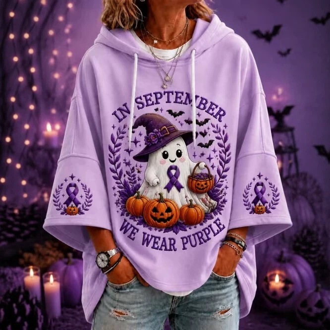 26Pcs Hooded Drawstring Three-Quarter Sleeve Women's Sweatshirt Halloween Ghost Pumpkin Pattern 3D Print Light Purple Sweatshirt