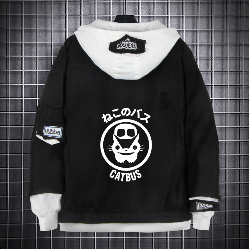 Hayao Miyazaki Totoro Hoodie Men's Hooded Loose Japanese Anime Korean Style Spring and Autumn Women's Casual Ripped Denim Jacket Trendy
