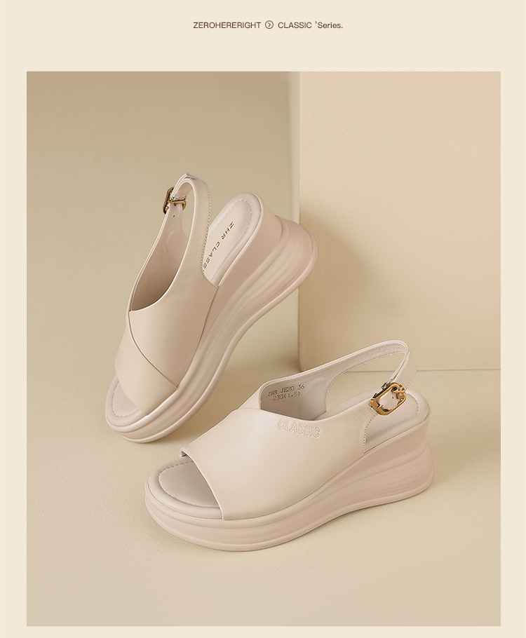 Sandal đế xuồng da bò thật ZHR tăng chiều cao, quai ngang, phong cách thanh lịch — JE20 màu be chi tiết 20