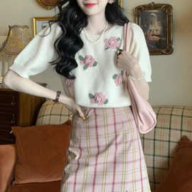 24年夏季温柔风复古立体玫瑰花朵软糯针织衫短袖女套头宽松上衣