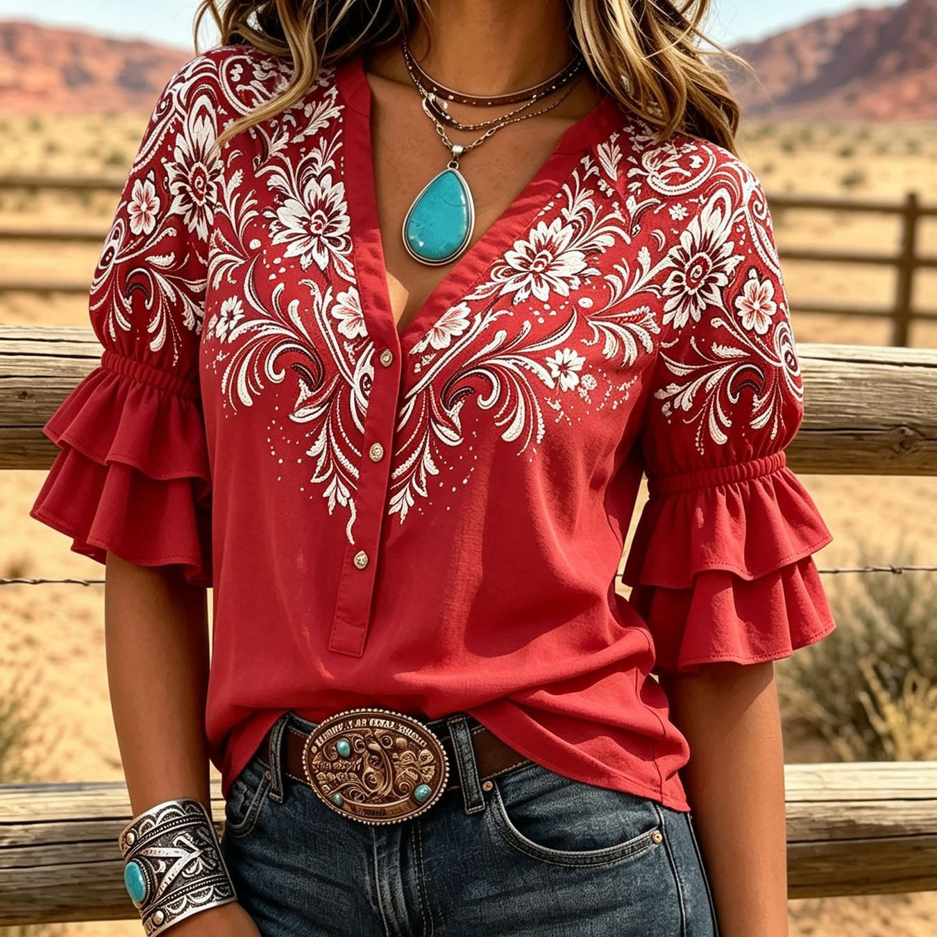 Transfronterizo exclusivo para camisas de impresión vintage mujeres sueltas de cuello en V de manga corta chaqueta bohemiana Europa y América nuevo transfronterizo image 14