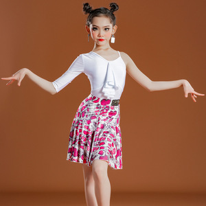 White floral printed Girls latin dance dresses children dance Latin dance professional performance practice suit training uniforms of the girls