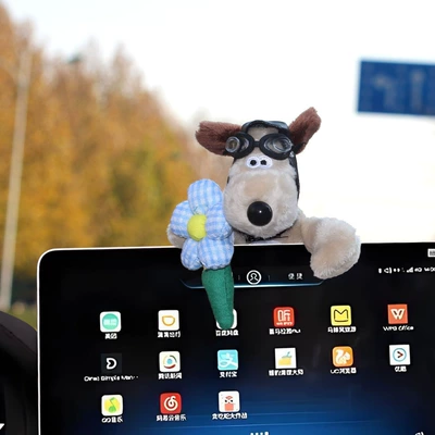 Car ornaments | Screen Car Doll Car Interior - take-the-blue-plaid-flower-flying-mirror-dog-lying-on-the-screen-ornament